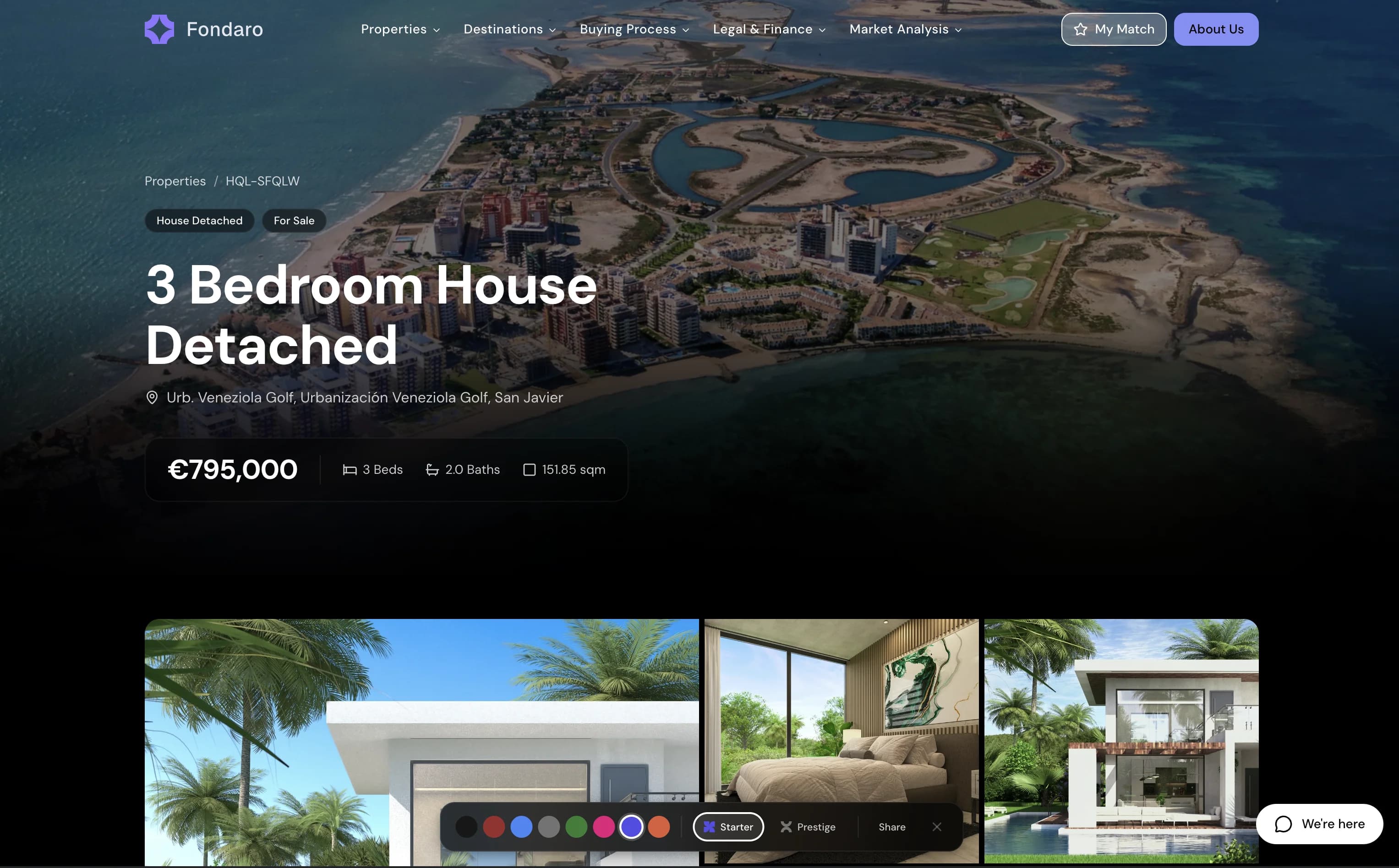 Property listing detail page with aerial photography and gallery