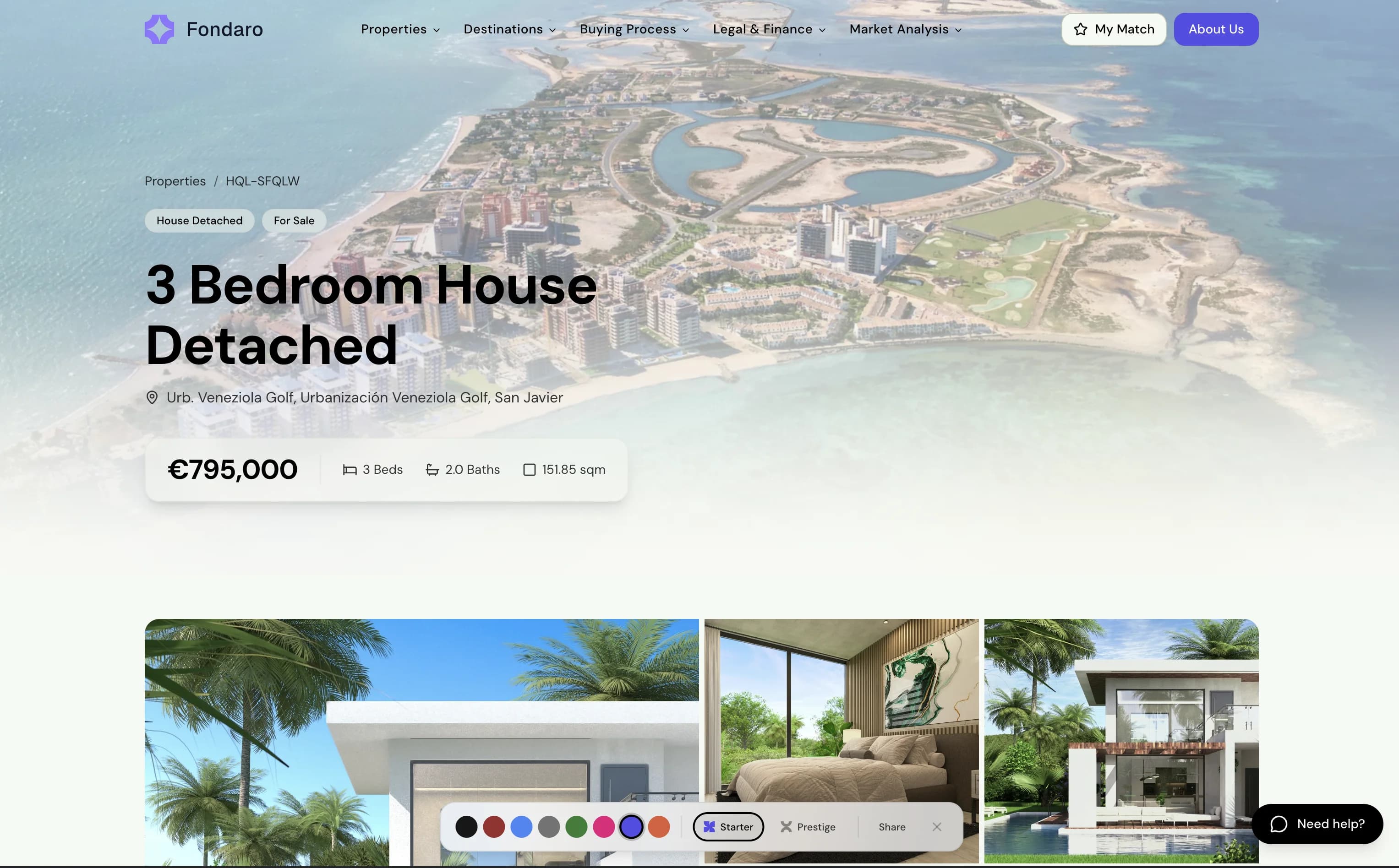 Property listing detail page with aerial photography and gallery