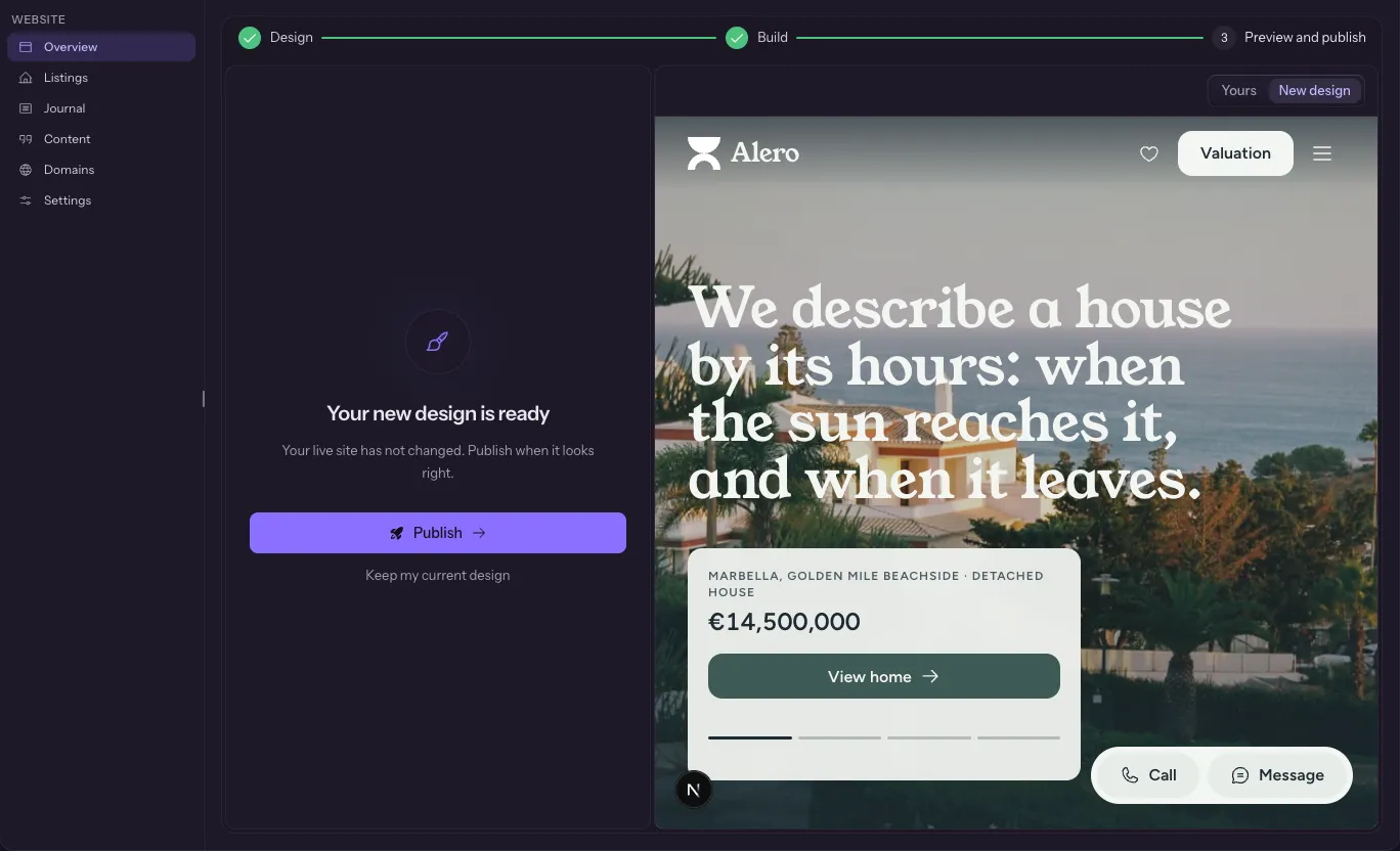 The preview of the new design, with Publish and Keep my current design