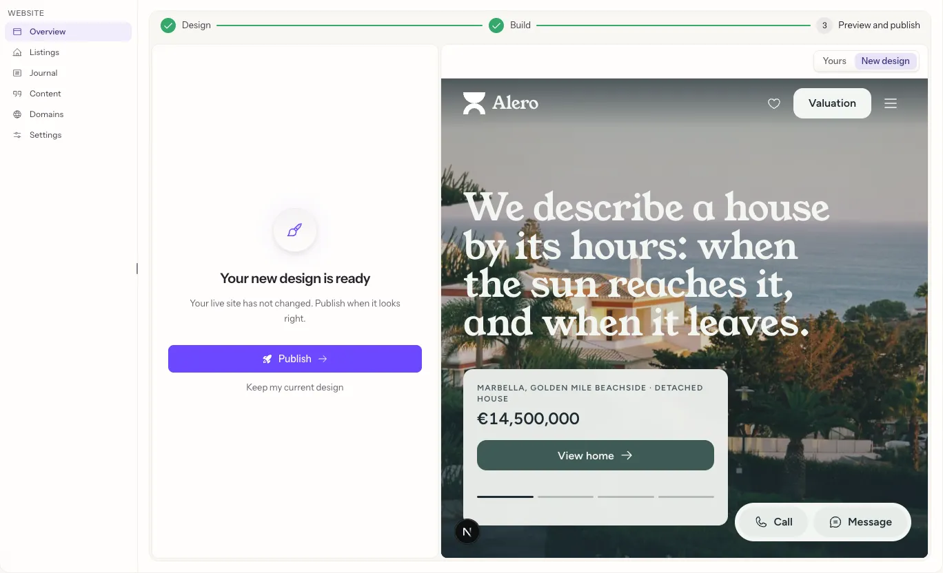 The preview of the new design, with Publish and Keep my current design