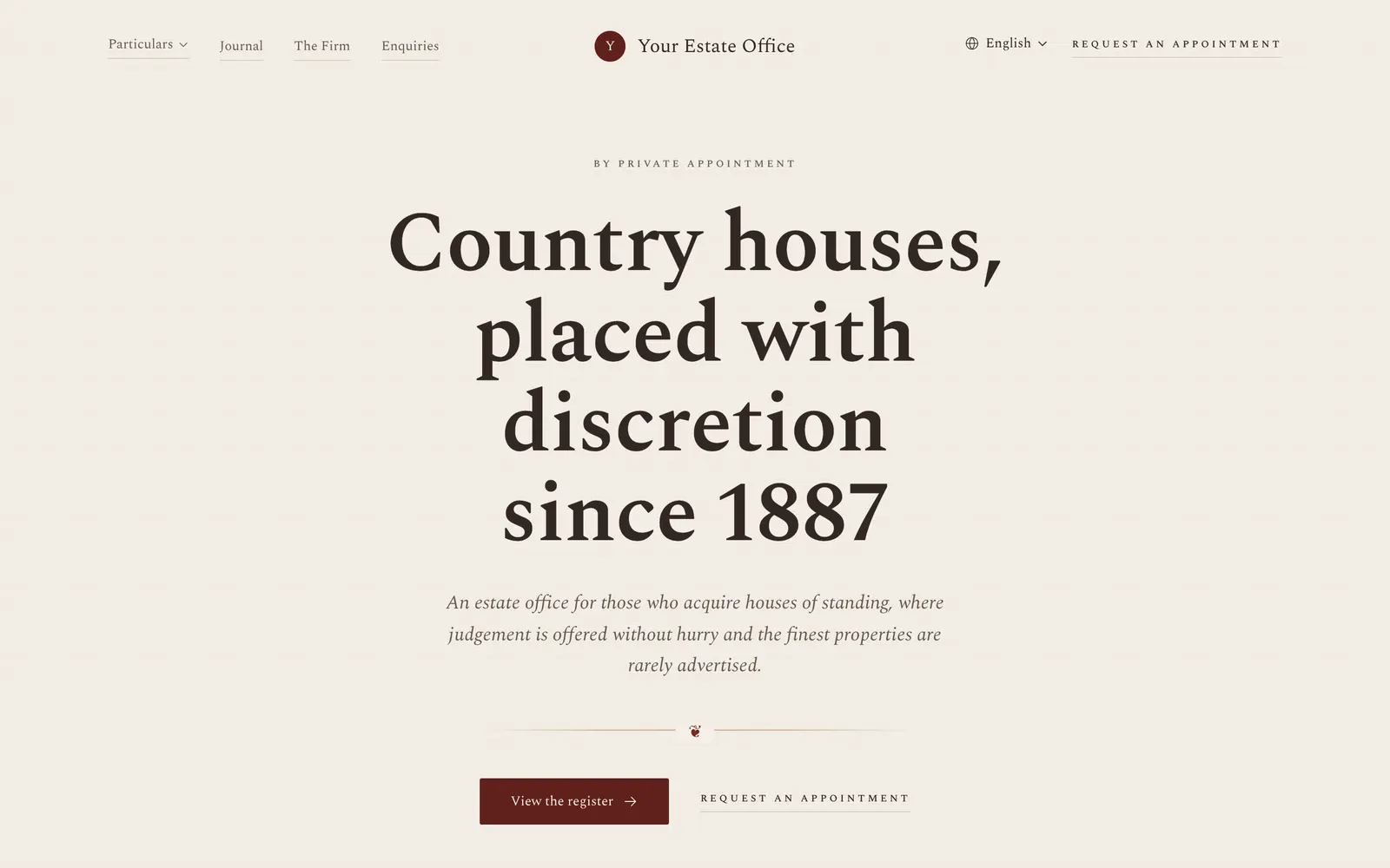 Heritage home page with a classic estate on parchment