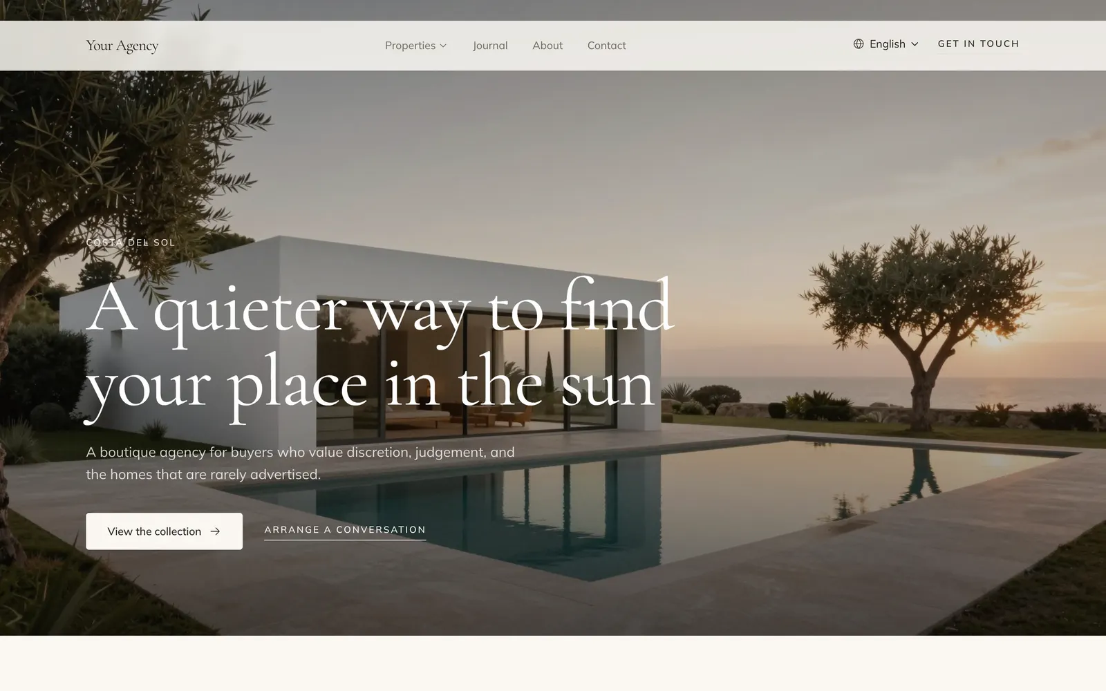 Mediterranean home page with a full-bleed coastal villa